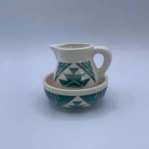Vintage Kate Dismounts Sioux Pottery Small Turquoise White Pitcher & Bowl